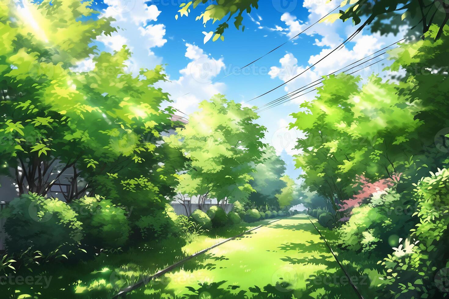 Beautiful wide format image of a manicured country lawn surrounded by trees and shrubs on a bright summer day. photo