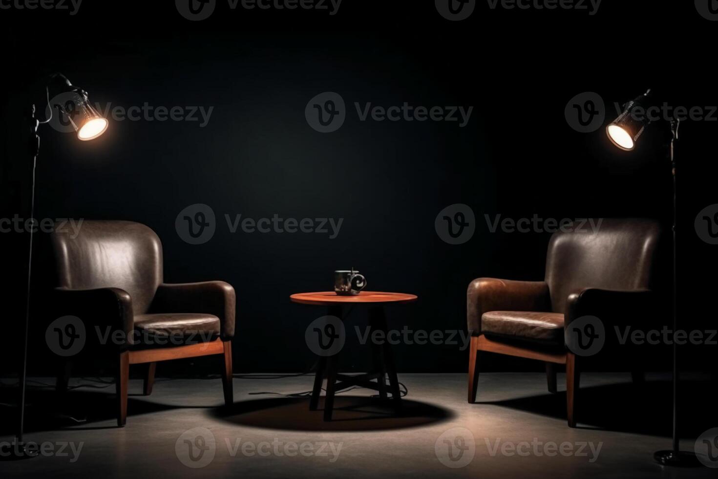 Two chairs and spotlights in podcast or interview room on dark background. photo