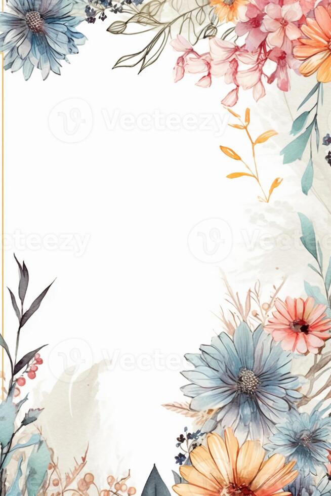 Blank empty white page with oil painting chic floral border, slightly edges. photo