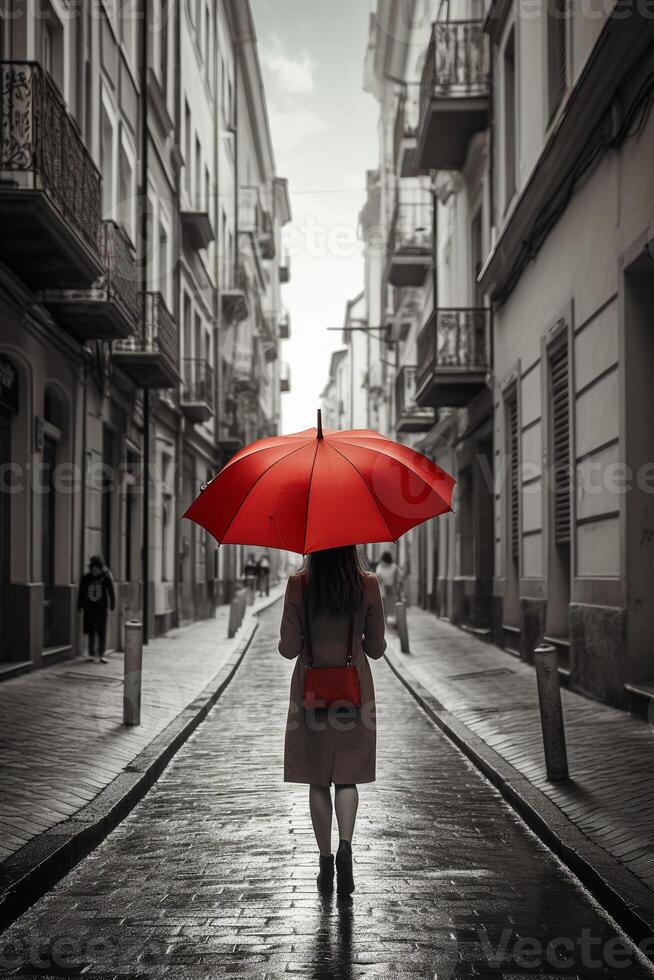 Red umbrella in hand of woman walking on a colorless street. photo
