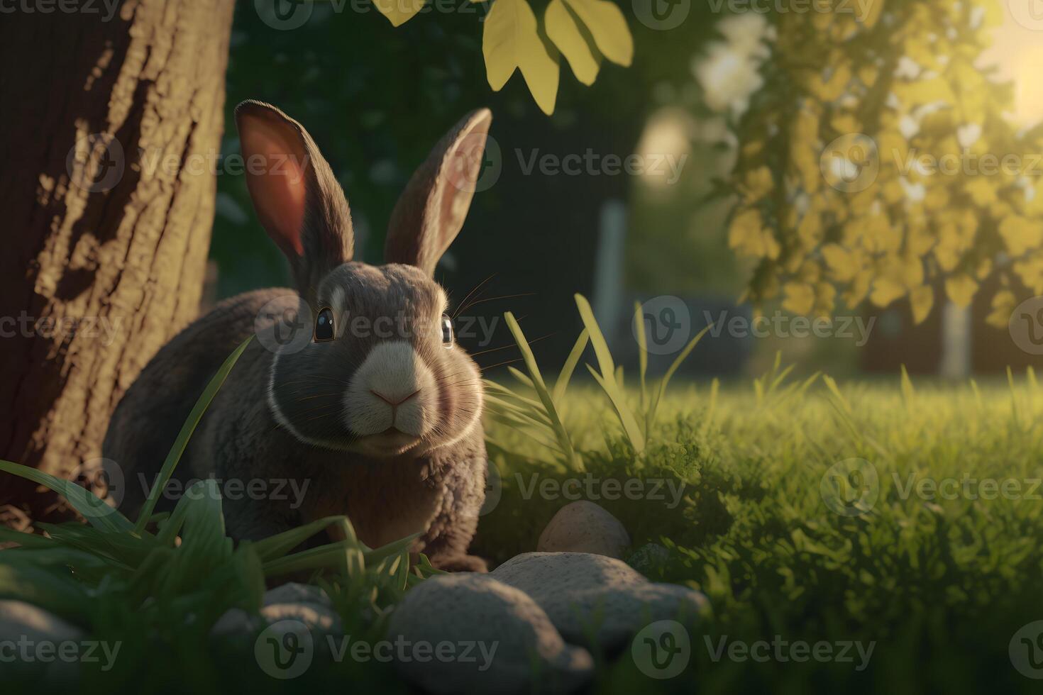Cute brown hare, lepus europaeus, jumping closer on grass in spring nature. Young brown rabbit coming forward in green wilderness. Neural network photo