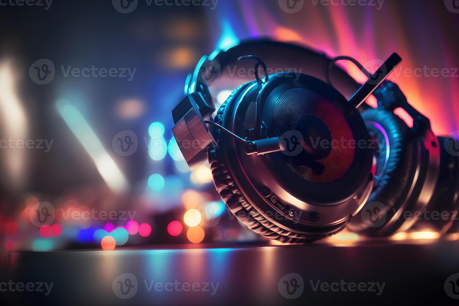 Modern big professional headphones on DJs table at night party. Neural network photo