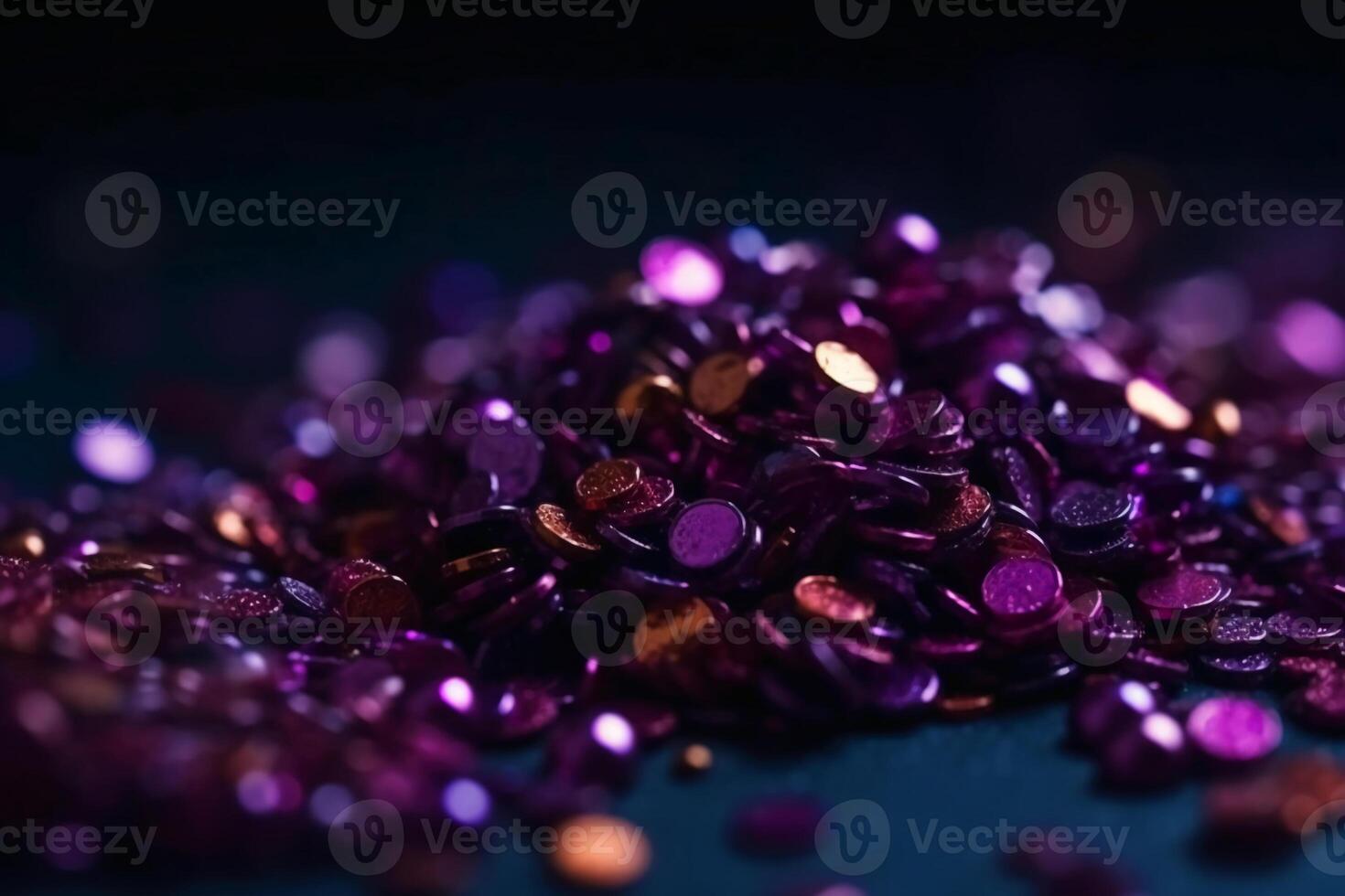 Sparkling Glitter abstract background dark purple saturated color, de - focused, macro. Sequins fall and sparkle, round bokeh. photo