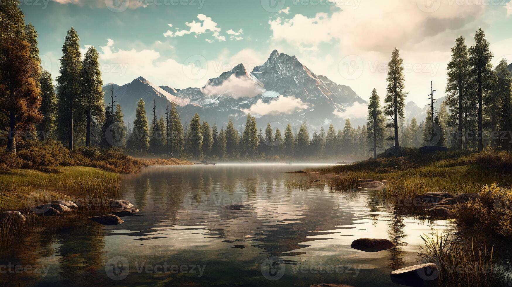 Lake with mountains and trees. photo