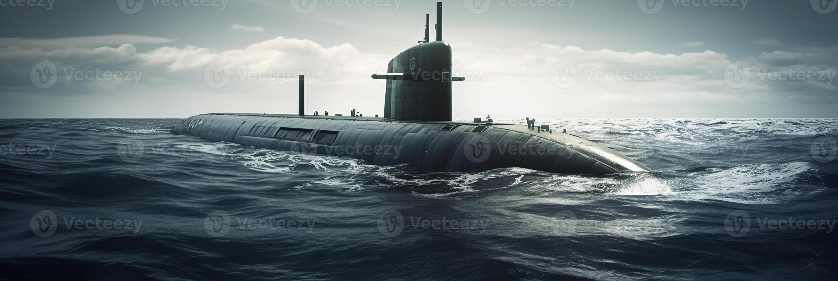 Generic military nuclear submarine floating in the middle of the ocean. photo