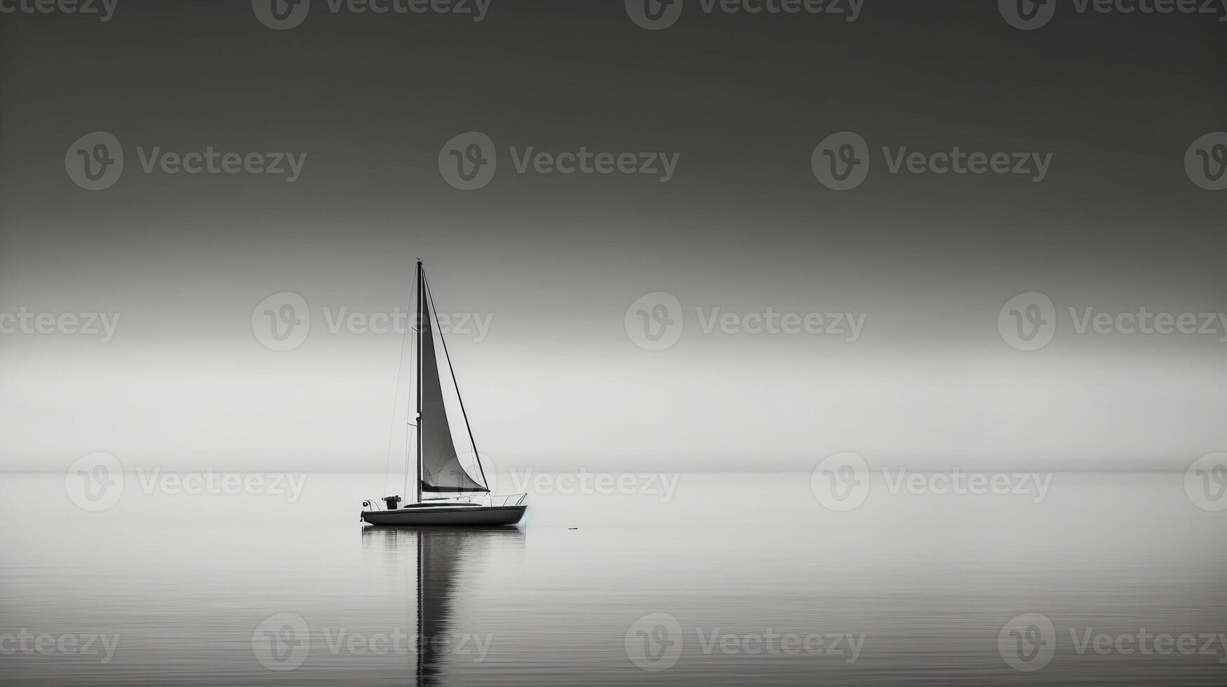 white image of a lone sailboat on a calm sea, photo