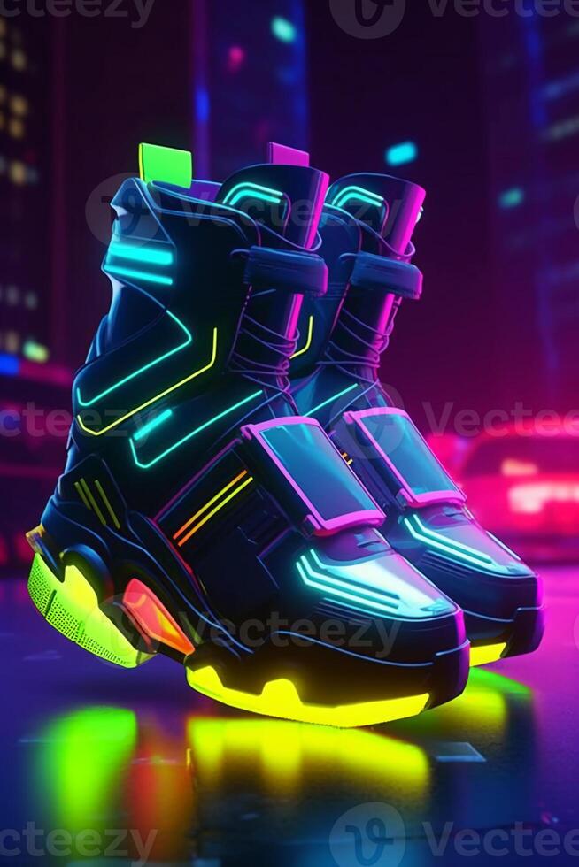 Futuristic neon sneakers with cyberpunk influence. photo