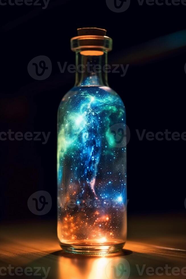 Glowing galaxy in a glass bottle. photo