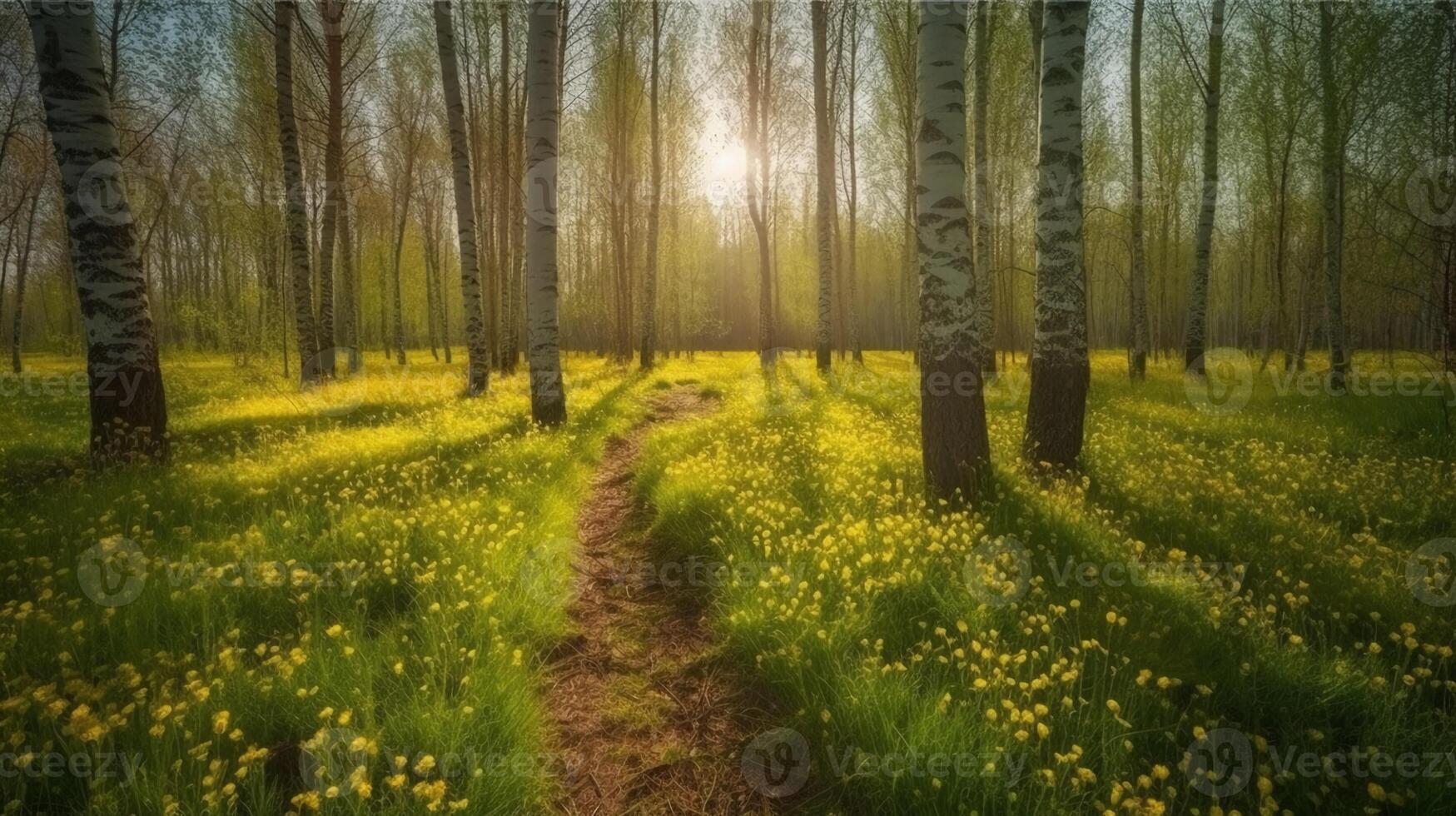 Birch grove in spring on sunny day with beautiful carpet of juicy green young grass and dandelions in rays of sunlight, photo