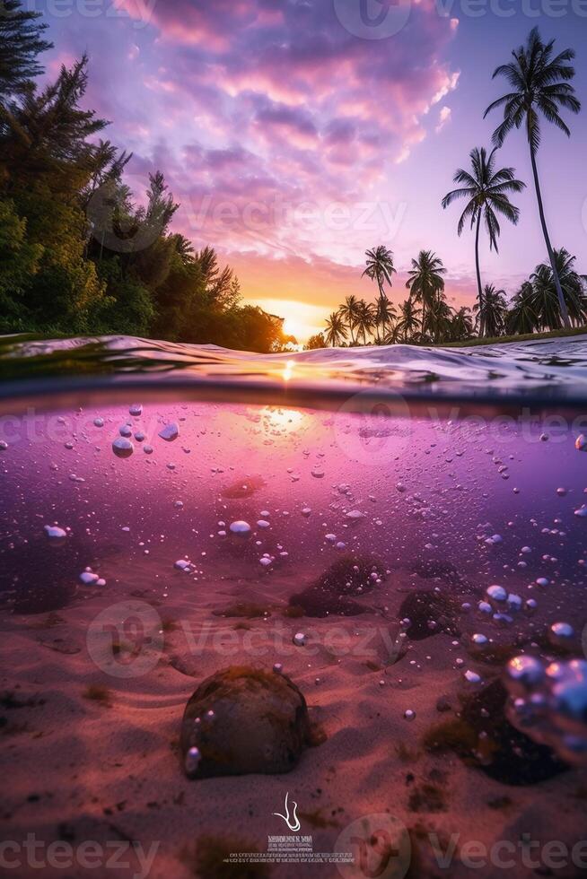 Photograph of beautiful inviting beach scene with purple sunset sky. photo