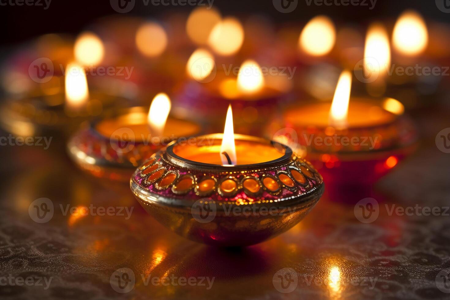 A Diya oil lamp, Diwali concept, blurred Hindu festival of lights celebration background. photo