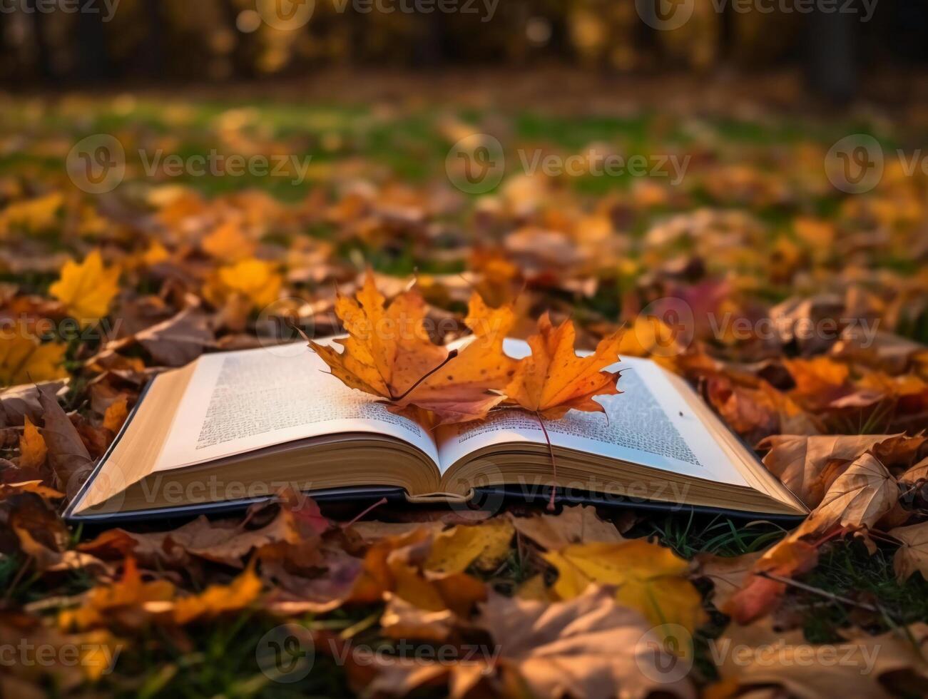 libro en un hoja con arce árbol a antecedentes. ai generativo foto