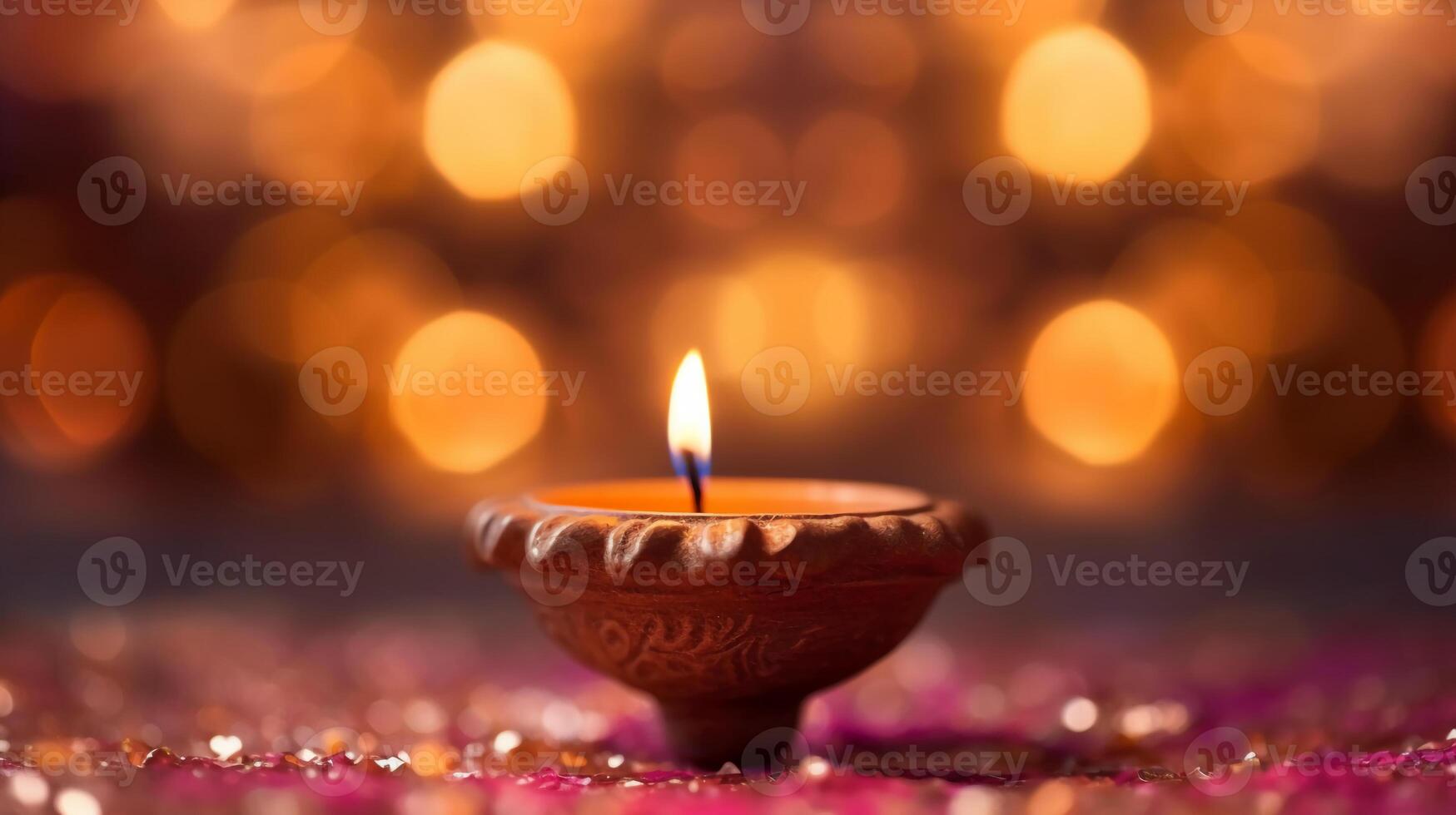 A Diya oil lamp, Diwali concept, blurred Hindu festival of lights celebration background. photo