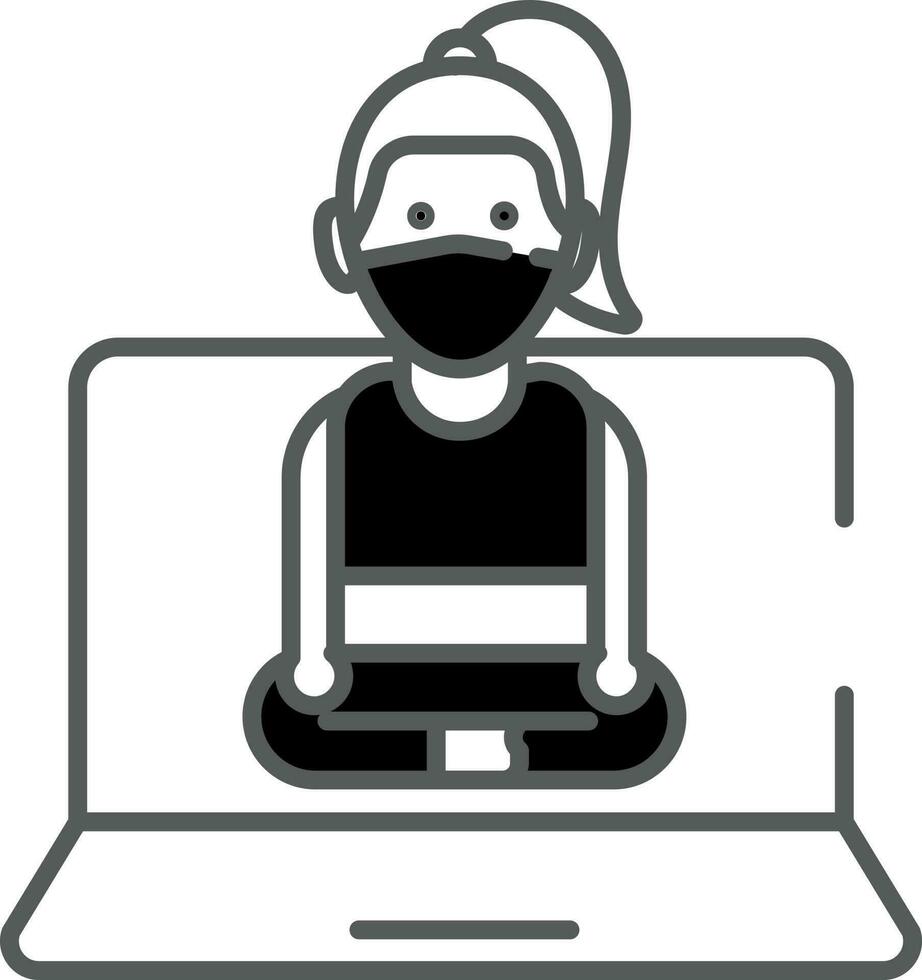 negro y blanco color hembra en línea yoga clase desde ordenador portátil icono. vector
