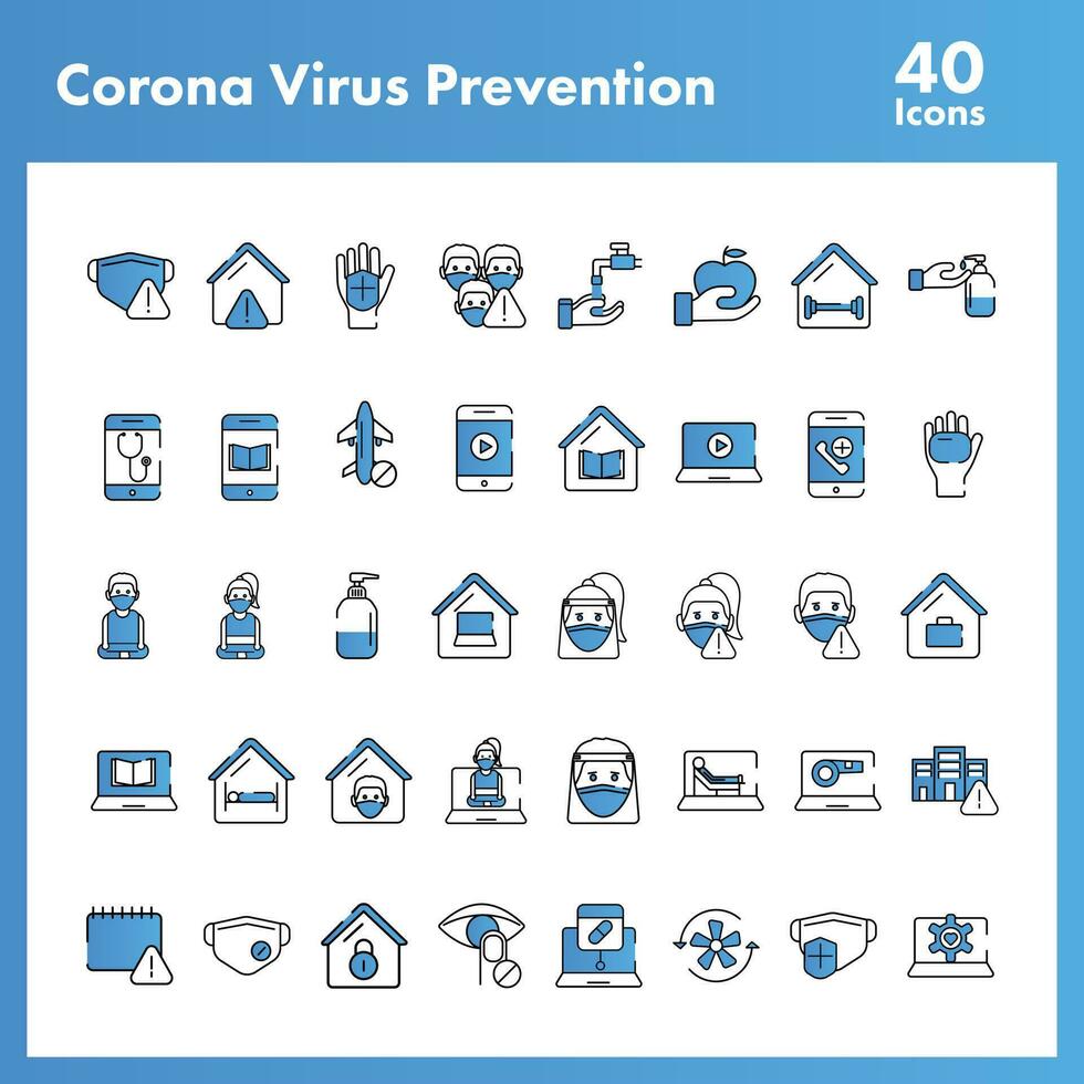 Blue And White Color Set of Coronavirus Prevention Icon In Flat Style. vector