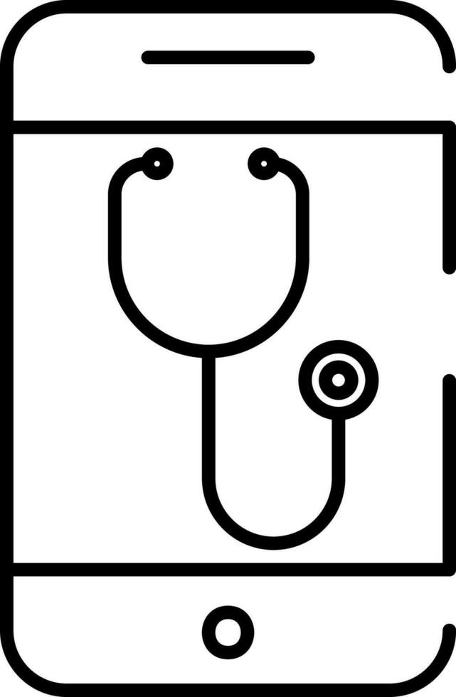 Black Line Art Stethoscope Or Telehealth In Smartphone Icon. vector