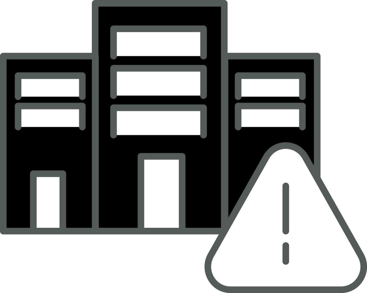 Building With Warning Sign Icon In Black And White Color. vector