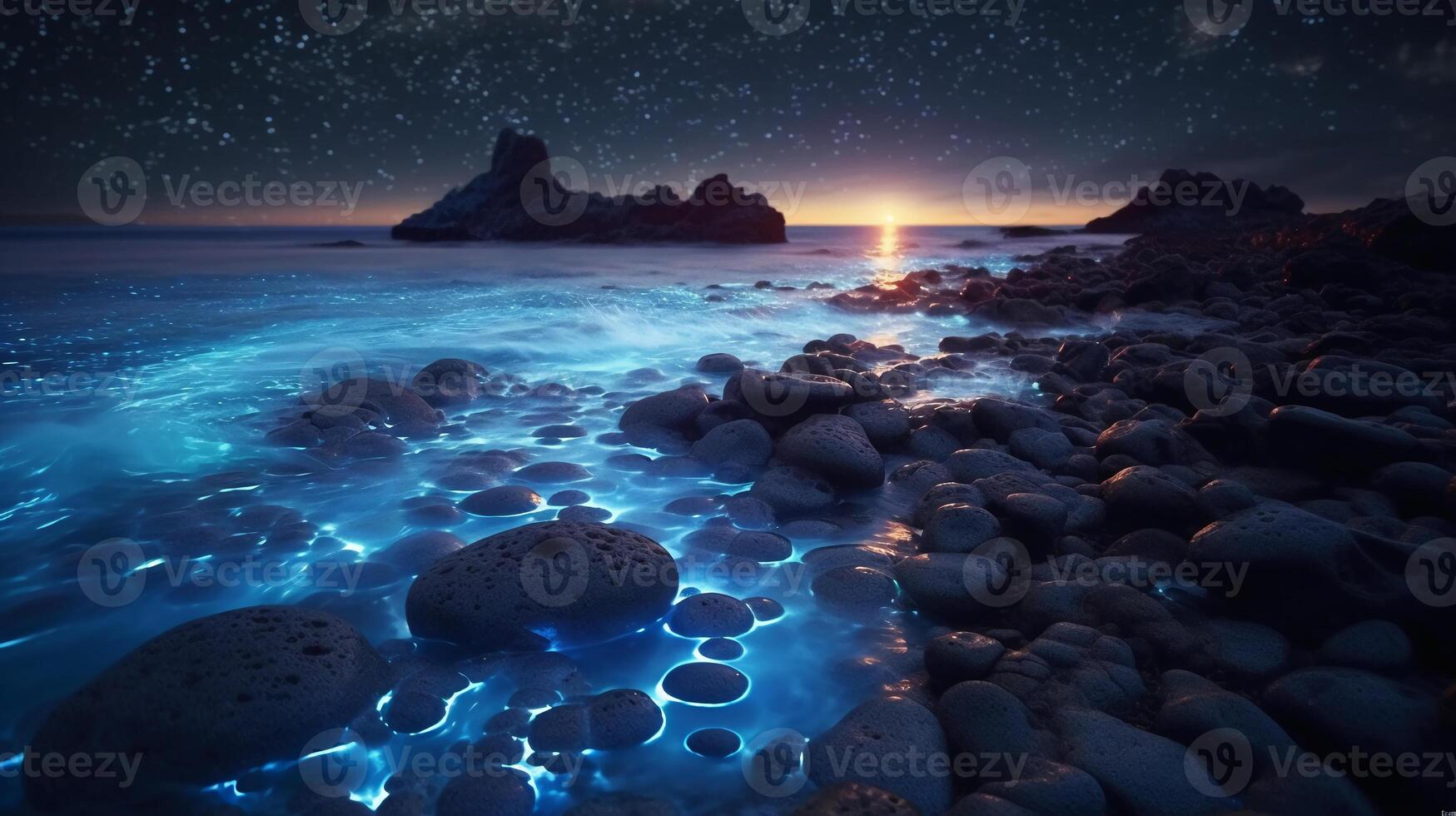 Ocean shore at night, the water is full of dinoflagellates, glowing with millions bright blue neon glow in the dark tiny dots. photo