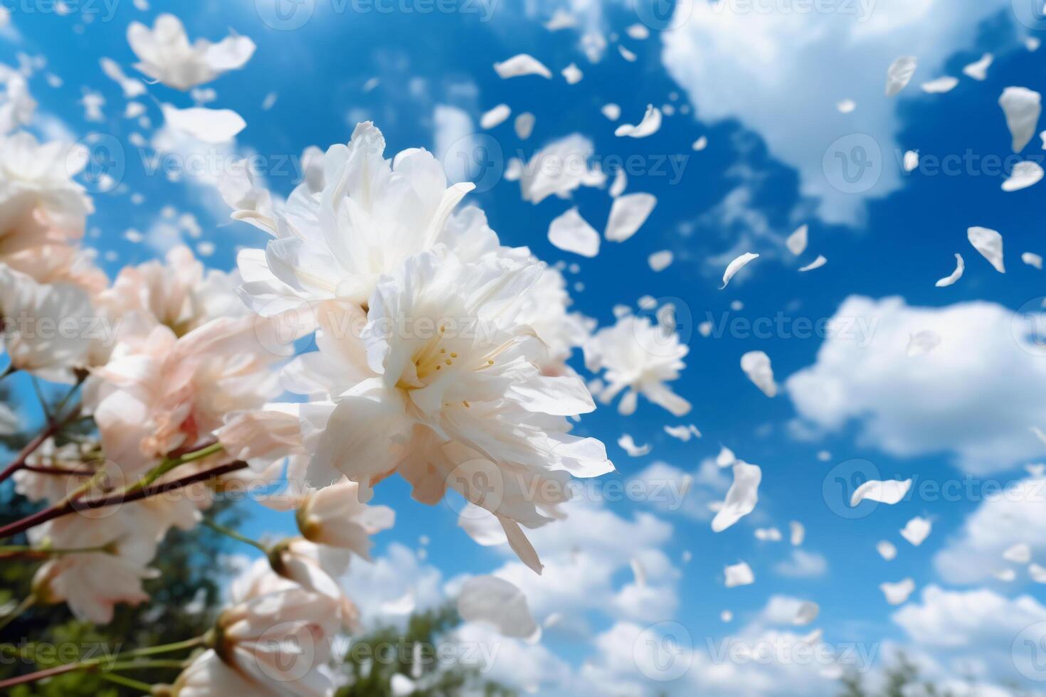 The white petals fall off with blurred clear blue sky and cloud. photo