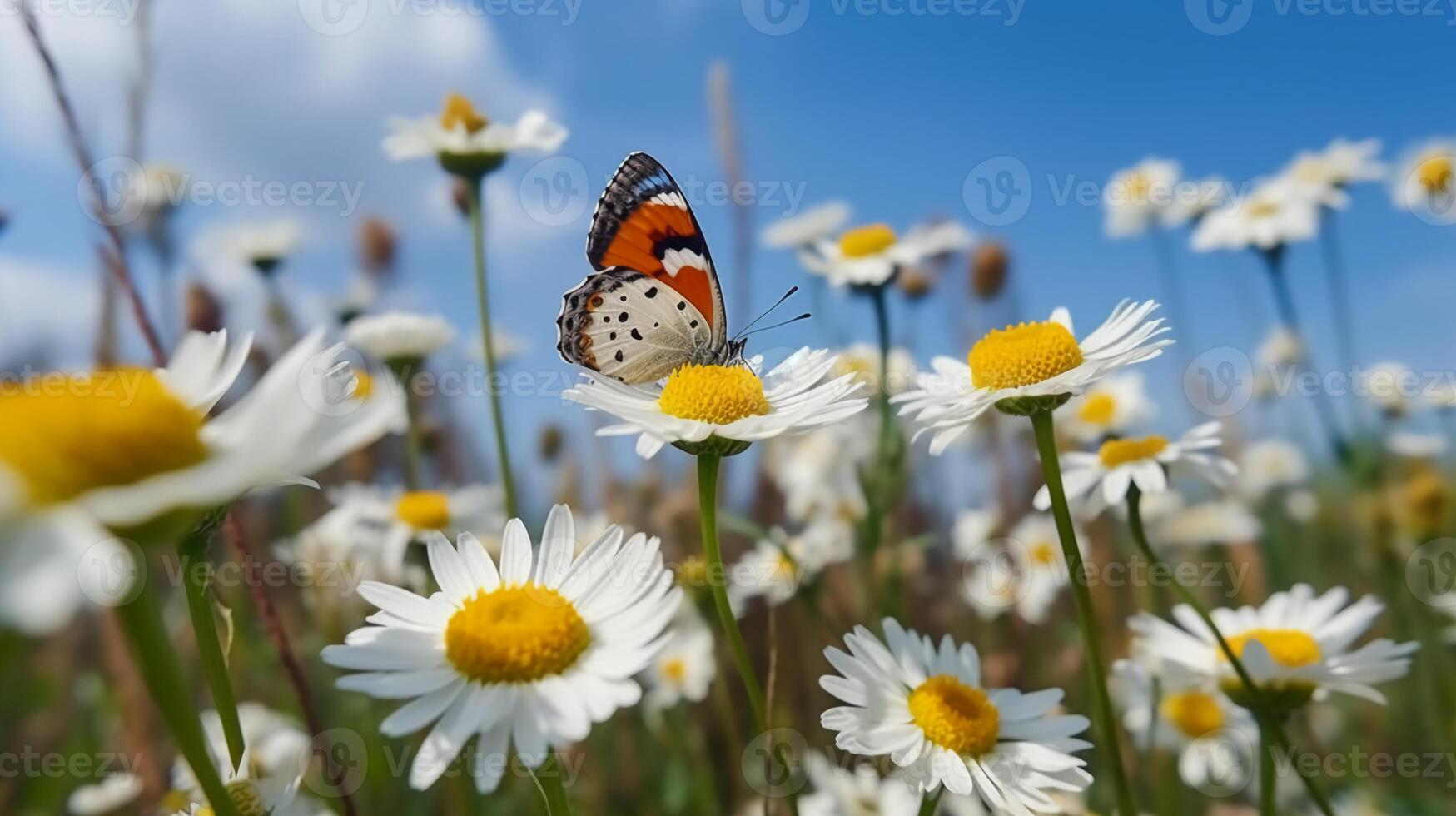 Beautiful white yellow daisies and blue cornflowers with fluttering butterfly in summer in nature against background of blue sky with clouds. photo