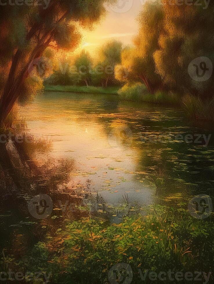 A peaceful lake surrounded by lush greenery and trees, with a realistic yet slightly artistic style. photo