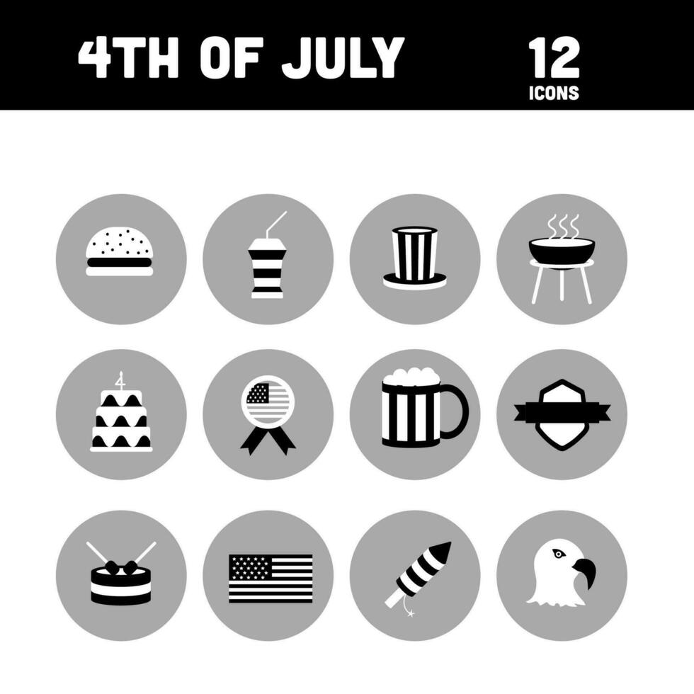 Flat Style Set Of 4th July Icon In Black And White Color. vector