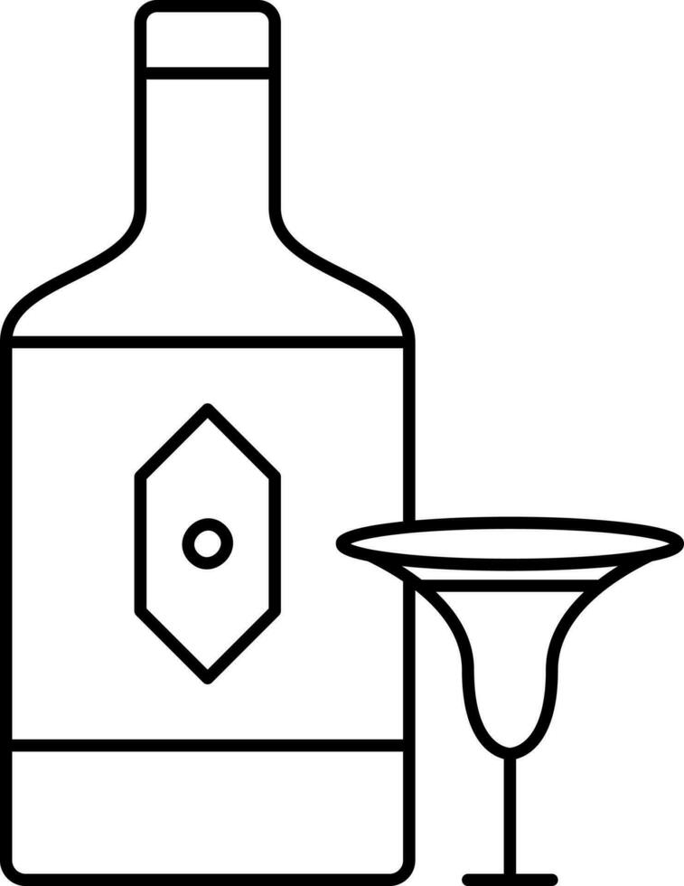 Wine Bottle And Glass Icon In Black Outline. vector