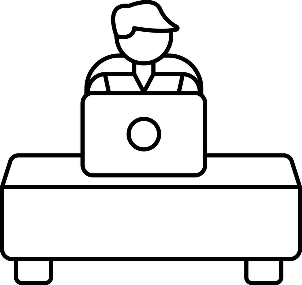 hombre trabajando en ordenador portátil icono en negro línea Arte. vector