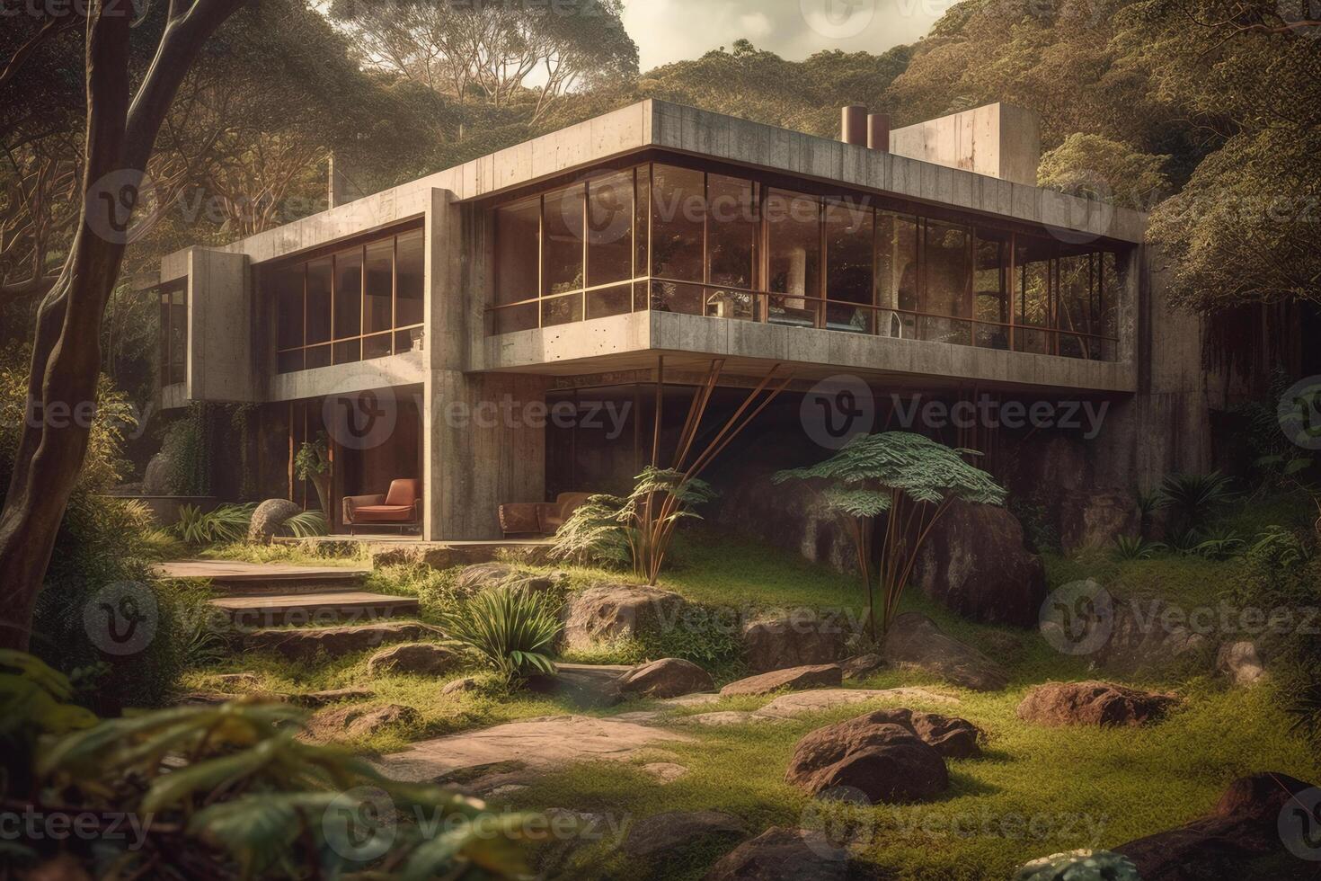 inspired new house in the brasilian jungle, brutalist, waterfalls, concrete, late in the day, sunshine through trees, view from parking towards glass patio, wide shot. photo