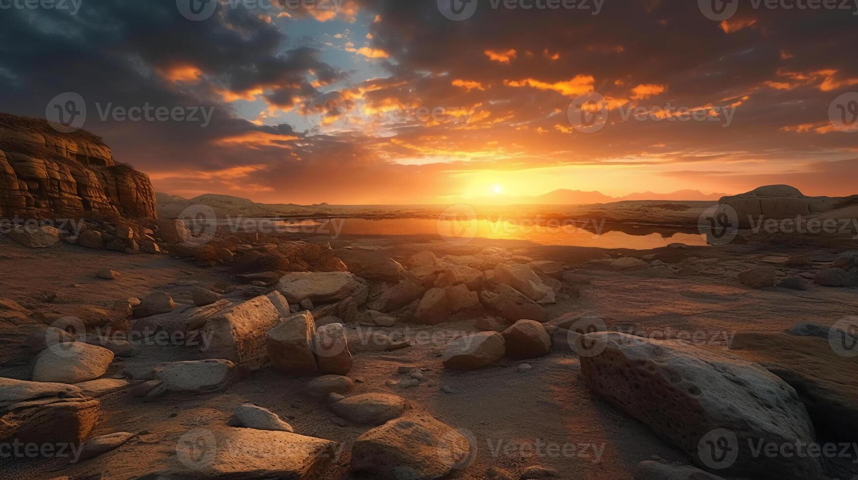 Rainbow sky, red sea of stone. photo