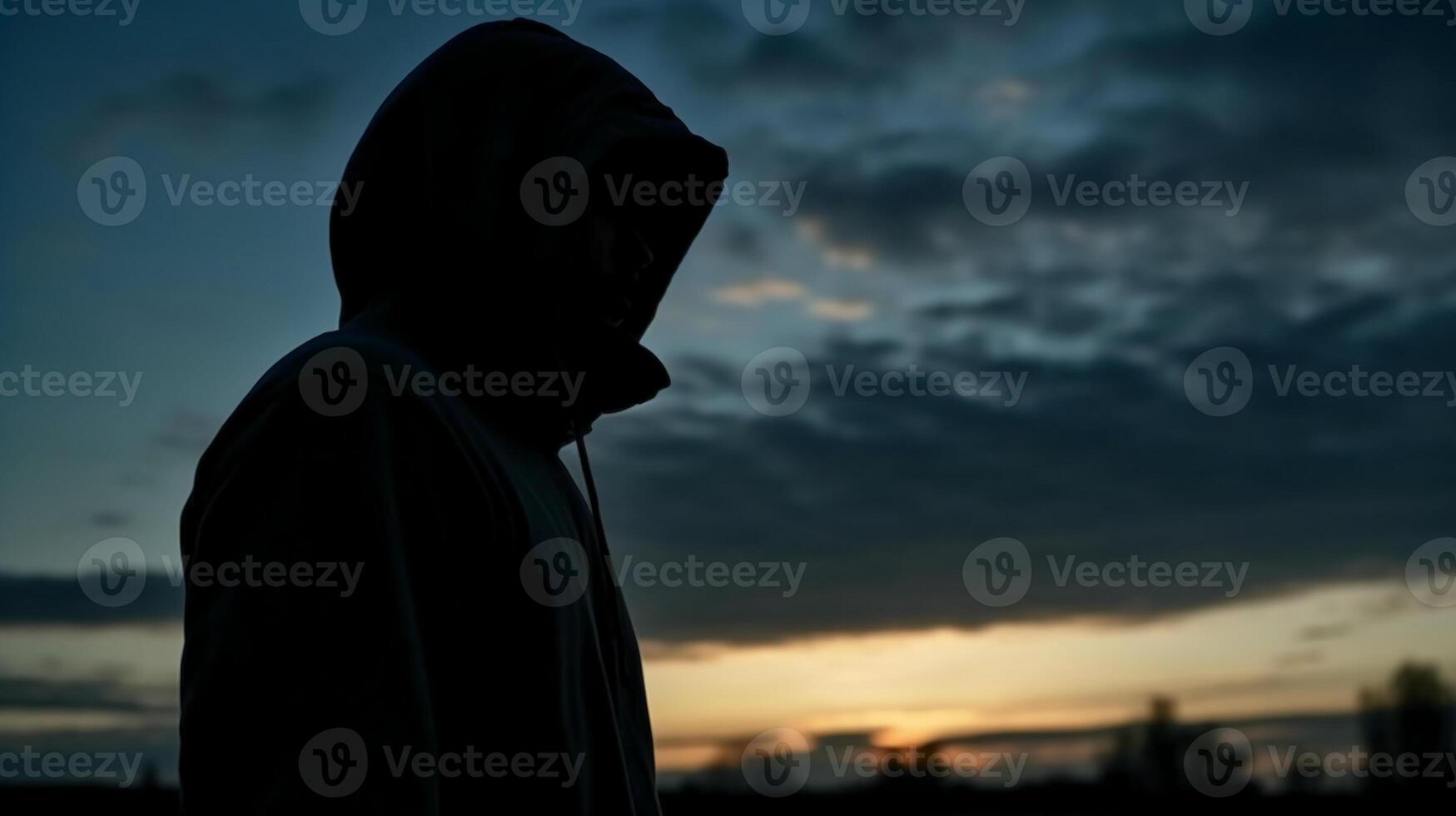 lado vista, silueta de el rostro, un persona, bajo ángulo, borroso Fresco amanecer cielo. ai generativo foto