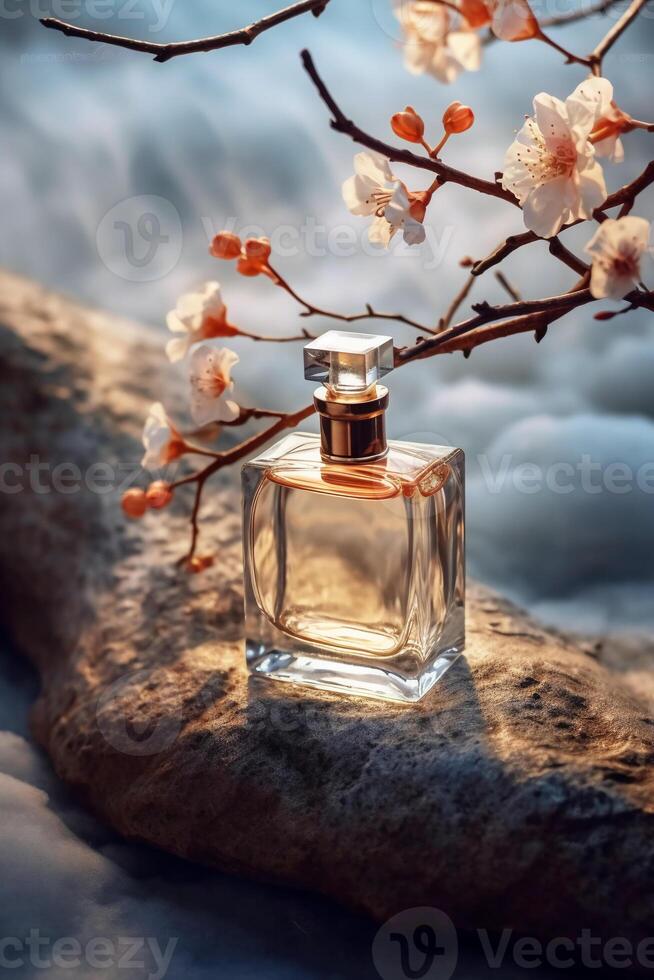 Still life photography, transparent perfume bottle in the center, stones, branches, flowers. photo