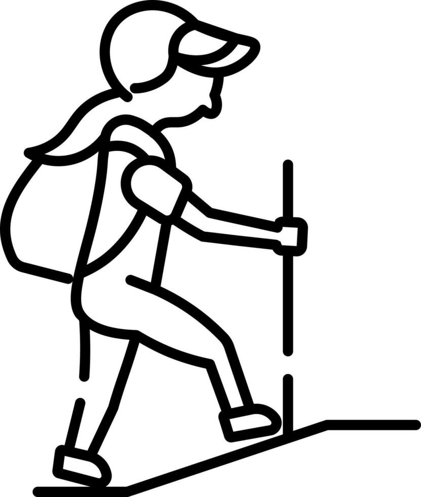 Female Mountaineer Climbing Icon in Black Line Art. vector