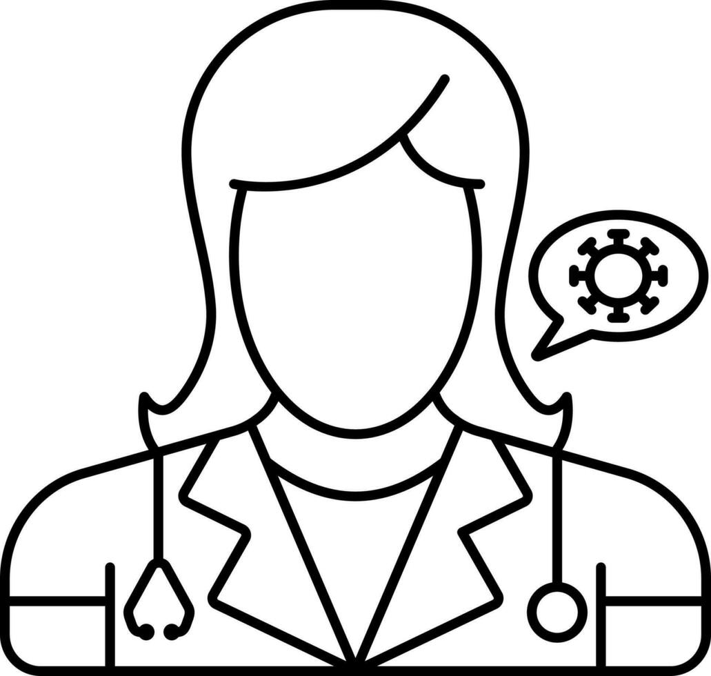 Speeching Female Doctor Virus Or Disease In Black Outline. vector