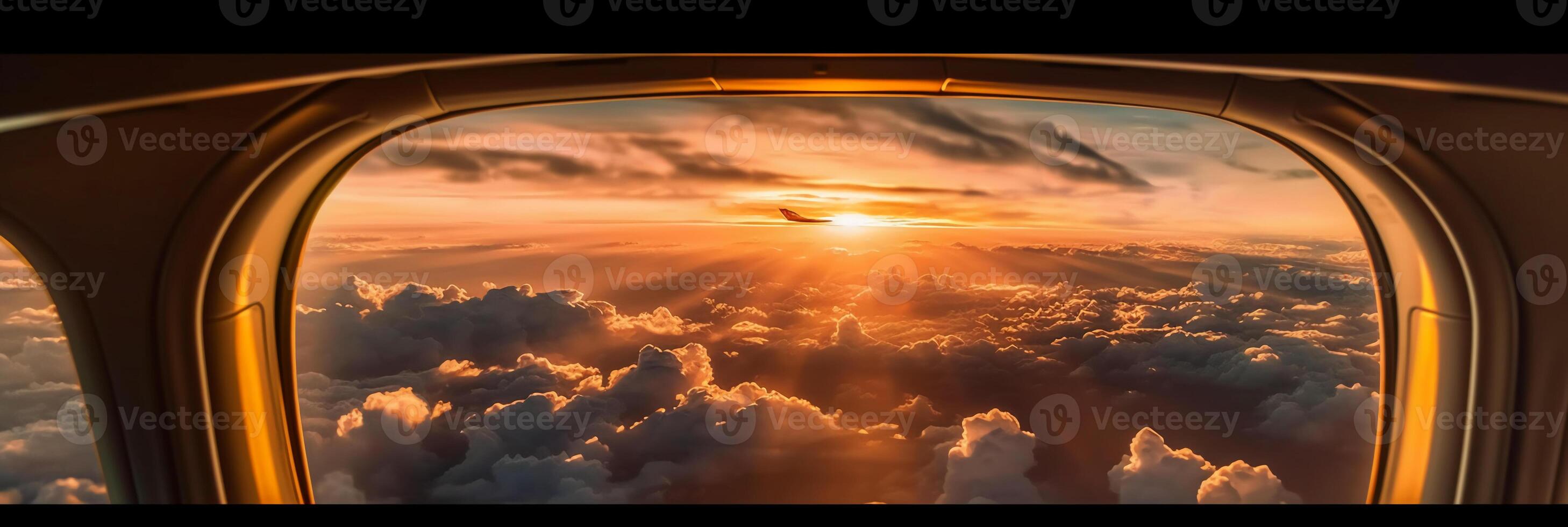 The view from the plane window to the sunset. Aerial view. photo