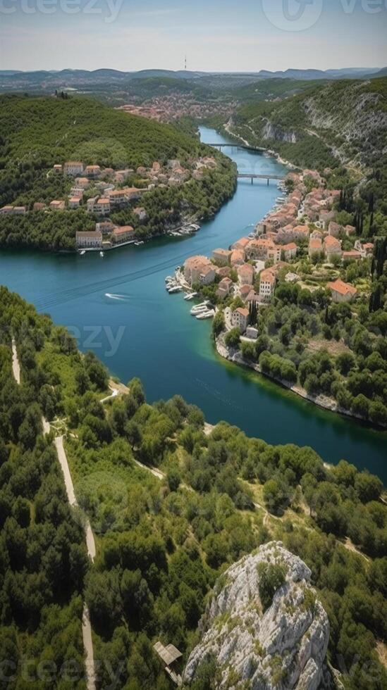 un aéreo ver de de skradin histórico centro, con sus devanado calles y vistoso edificios anidado entre el lozano verdor. ai generativo foto