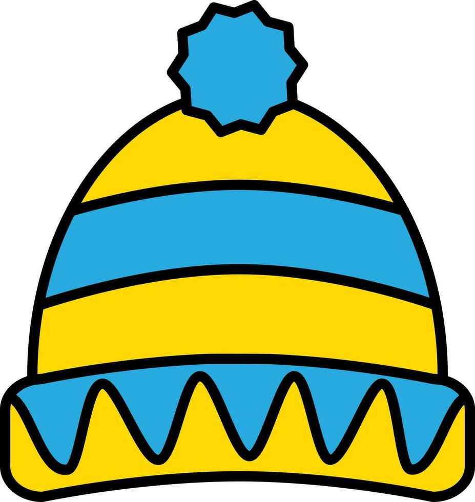 Vector Illustration Of Winter Hat In Blue And Yellow Color.