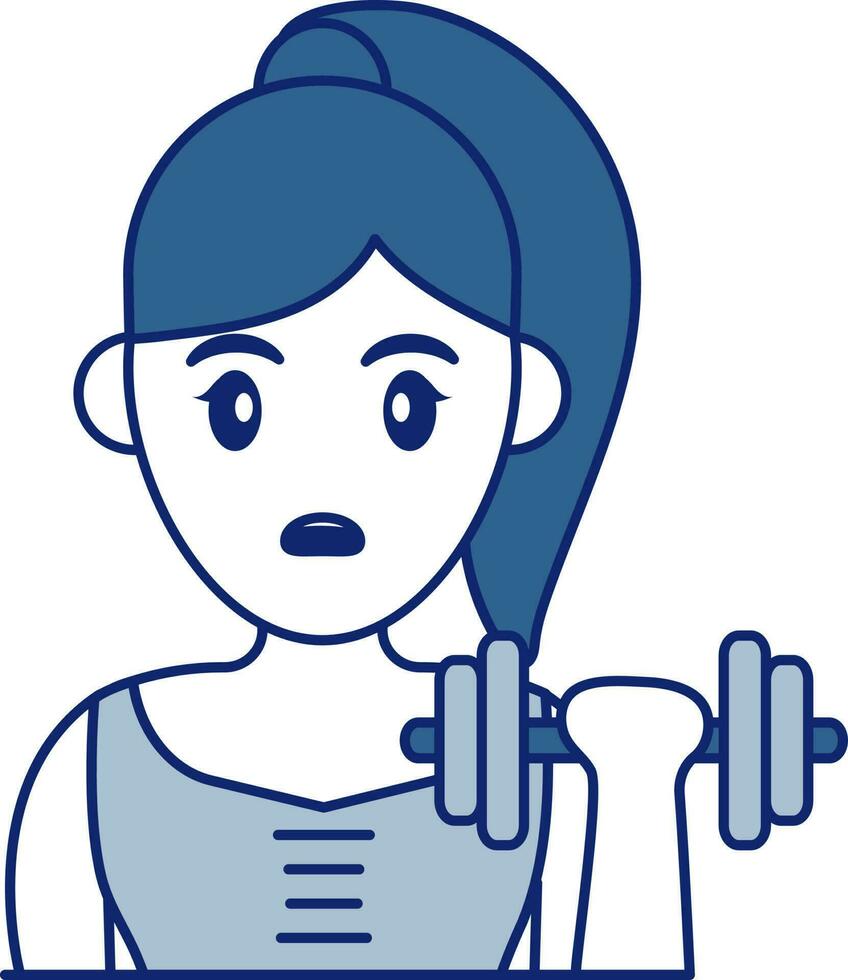 Young Woman Holding Dumbbell Icon In Blue And White Color. vector