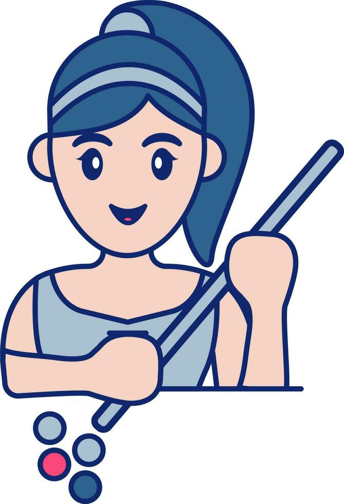 Woman Holding Snooker Stick With Balls Icon In Blue And Peach Color. vector