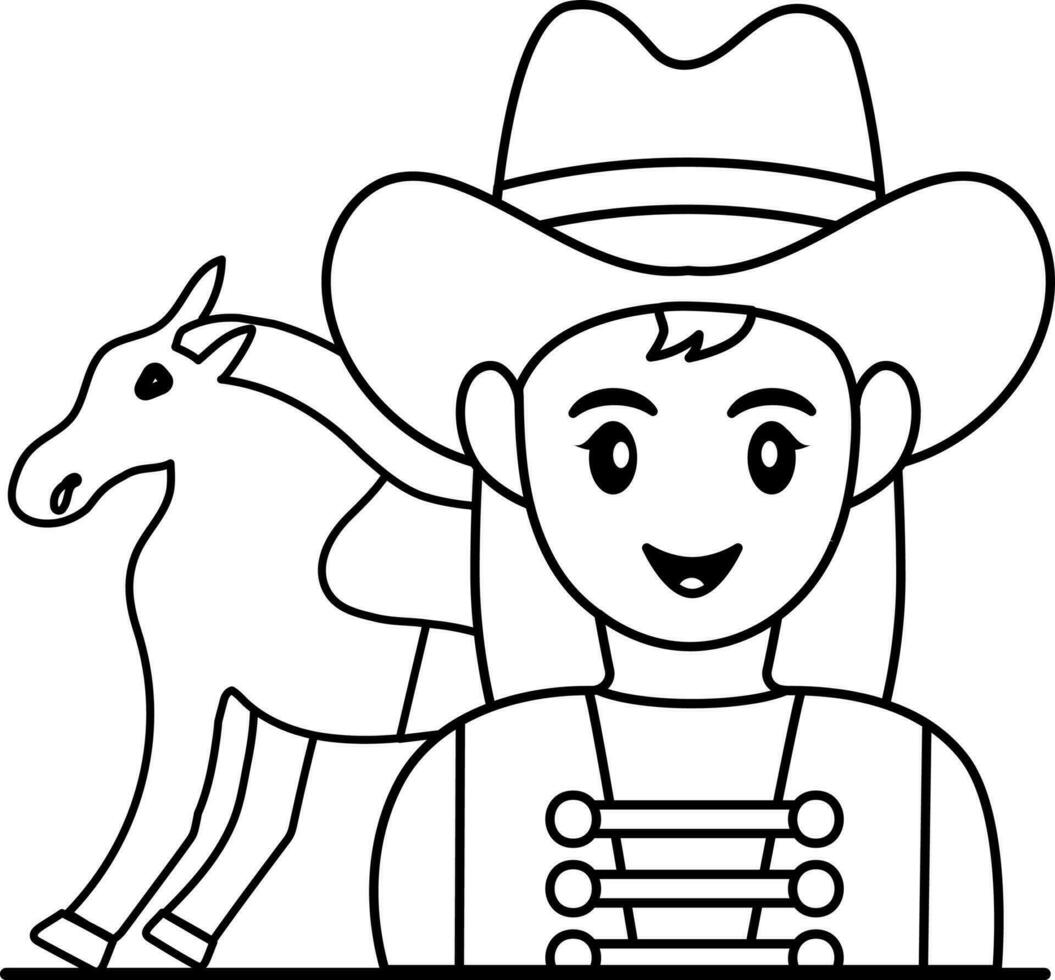 Cowgirl With Horse Icon In Thin Line Art. vector