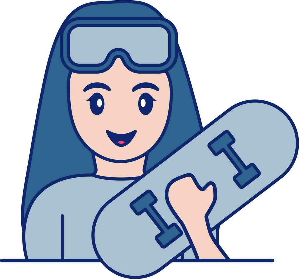 Young Girl Holding Skateboard Icon In Blue And Peach Color. vector