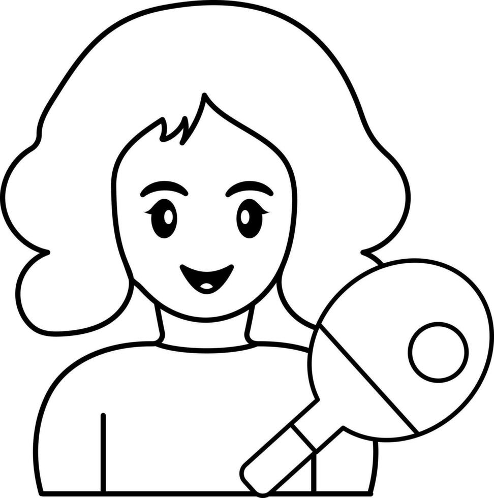 Cheerful Girl Character With Ping Pong con In Black Outline. vector