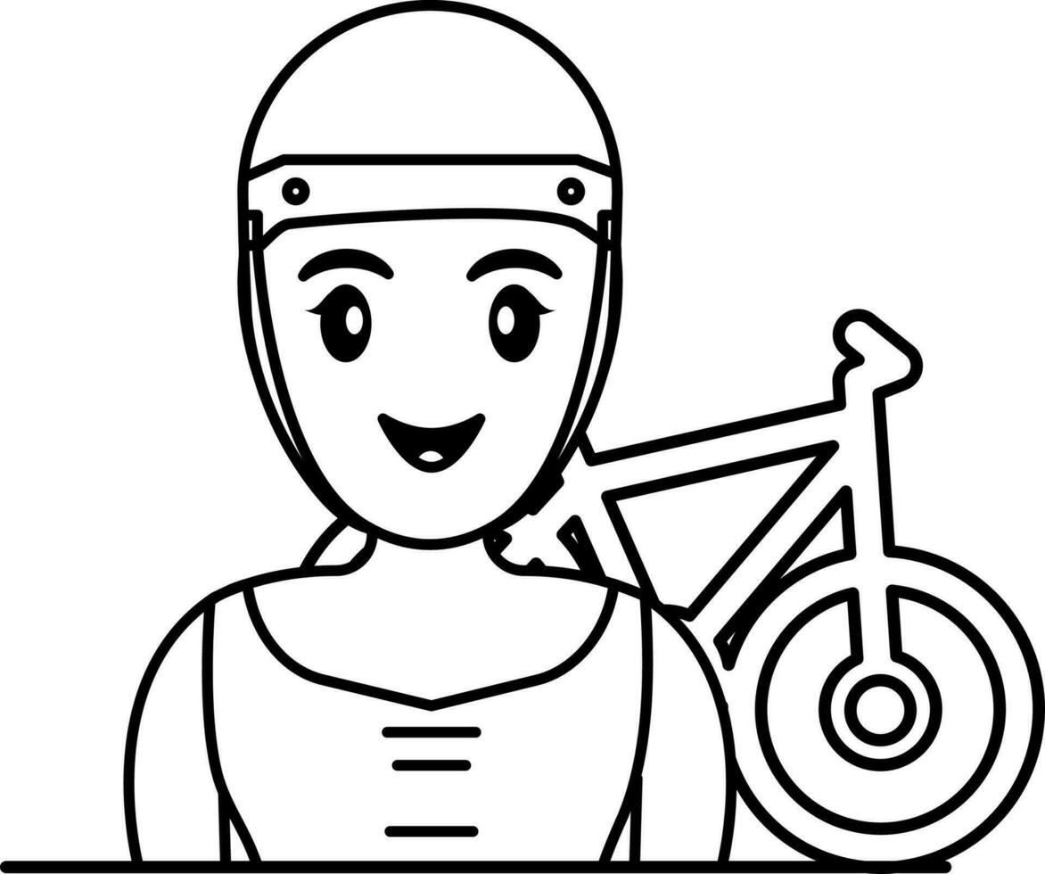 Cheerful Girl With Bicycle Icon In Black Outline. vector