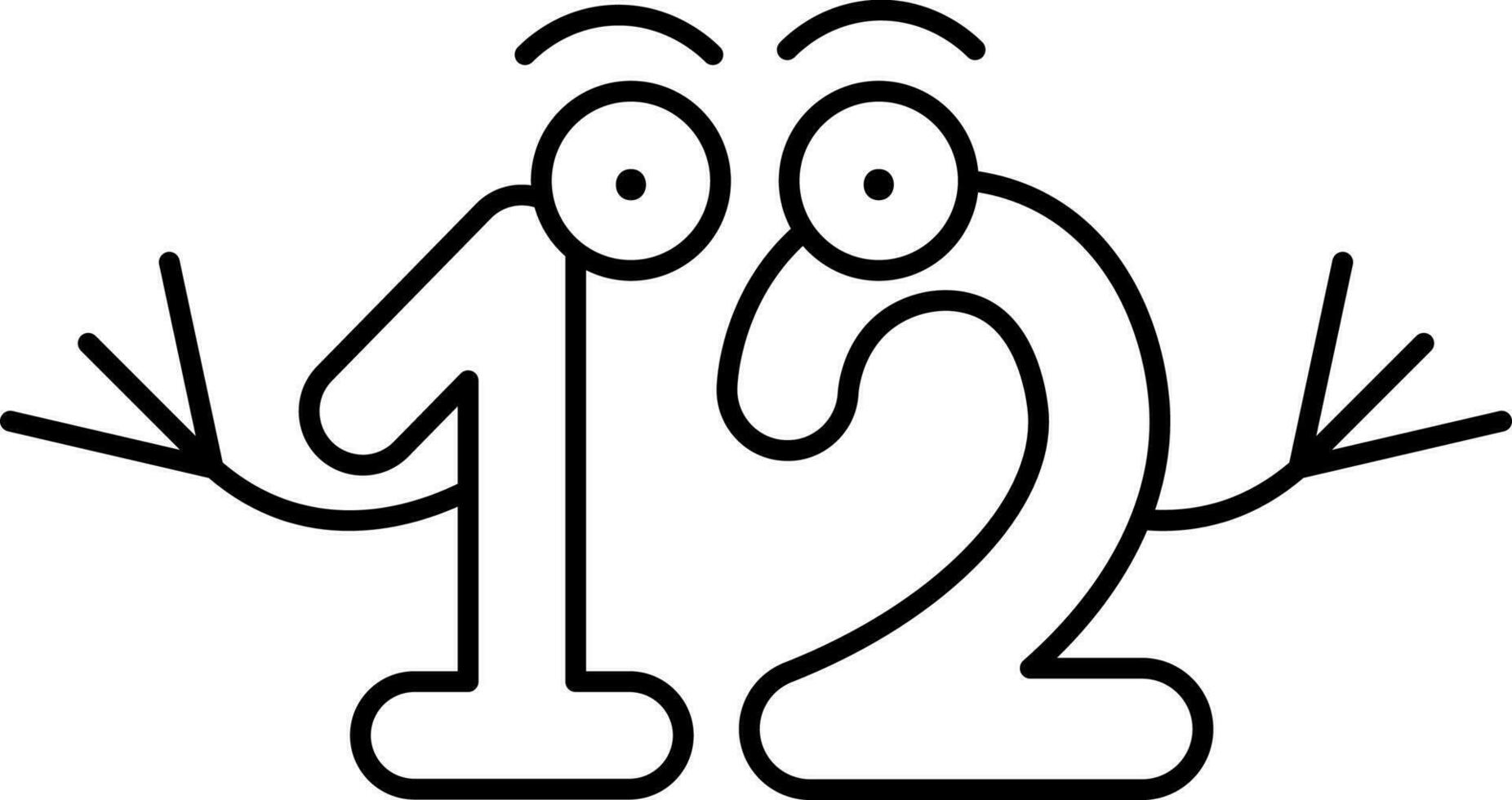 Twelve Number Cute Character Icon in Black Outline. vector