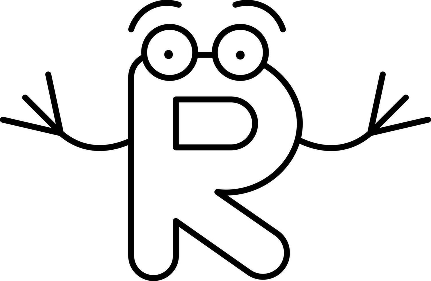 Capital Letter R Alphabet Cartoon Icon in Line Art. vector