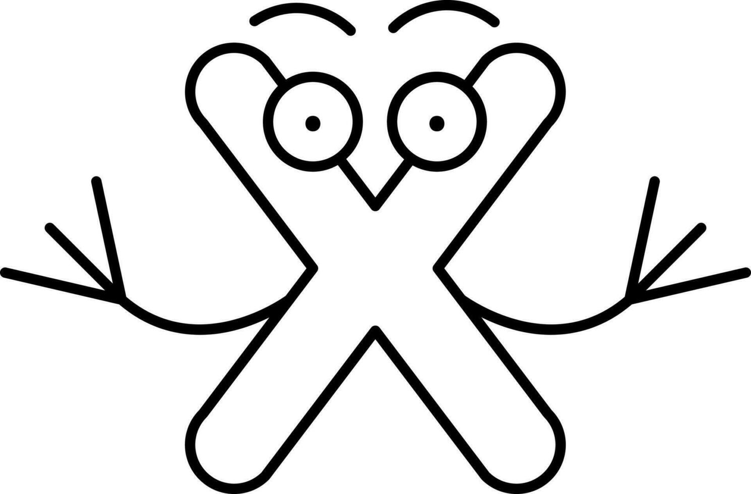 Black Line Art Cartoon Character X Alphabet Icon. vector