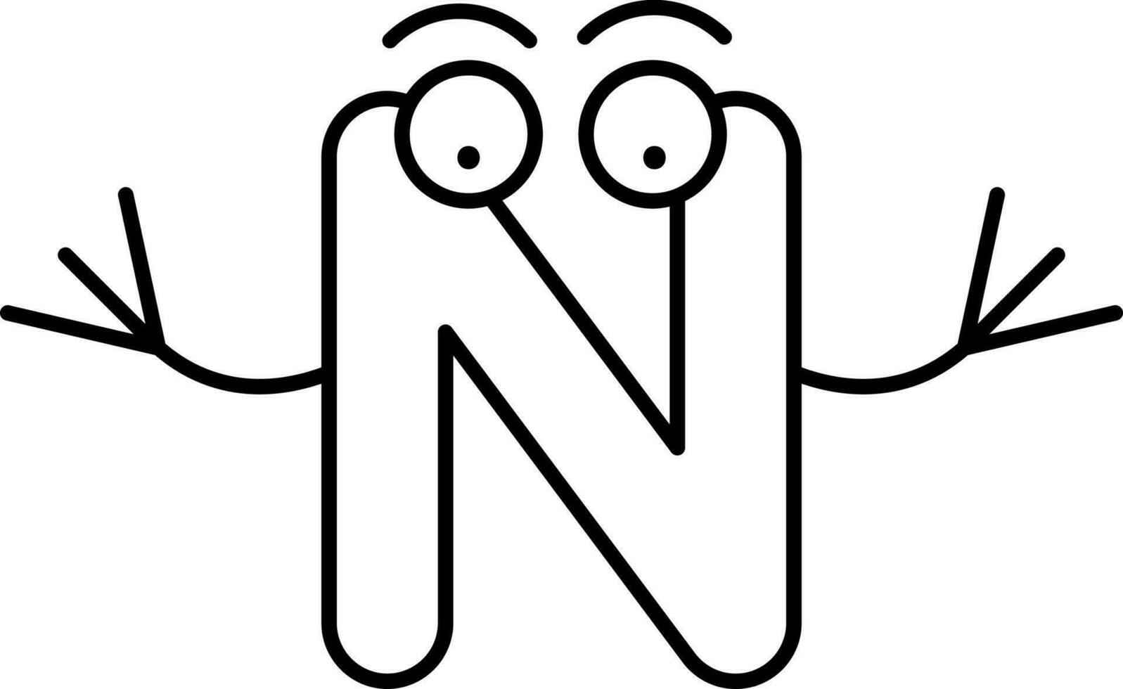 Uppercase N Alphabet Letter Cartoon Icon in Thin Line Art. vector