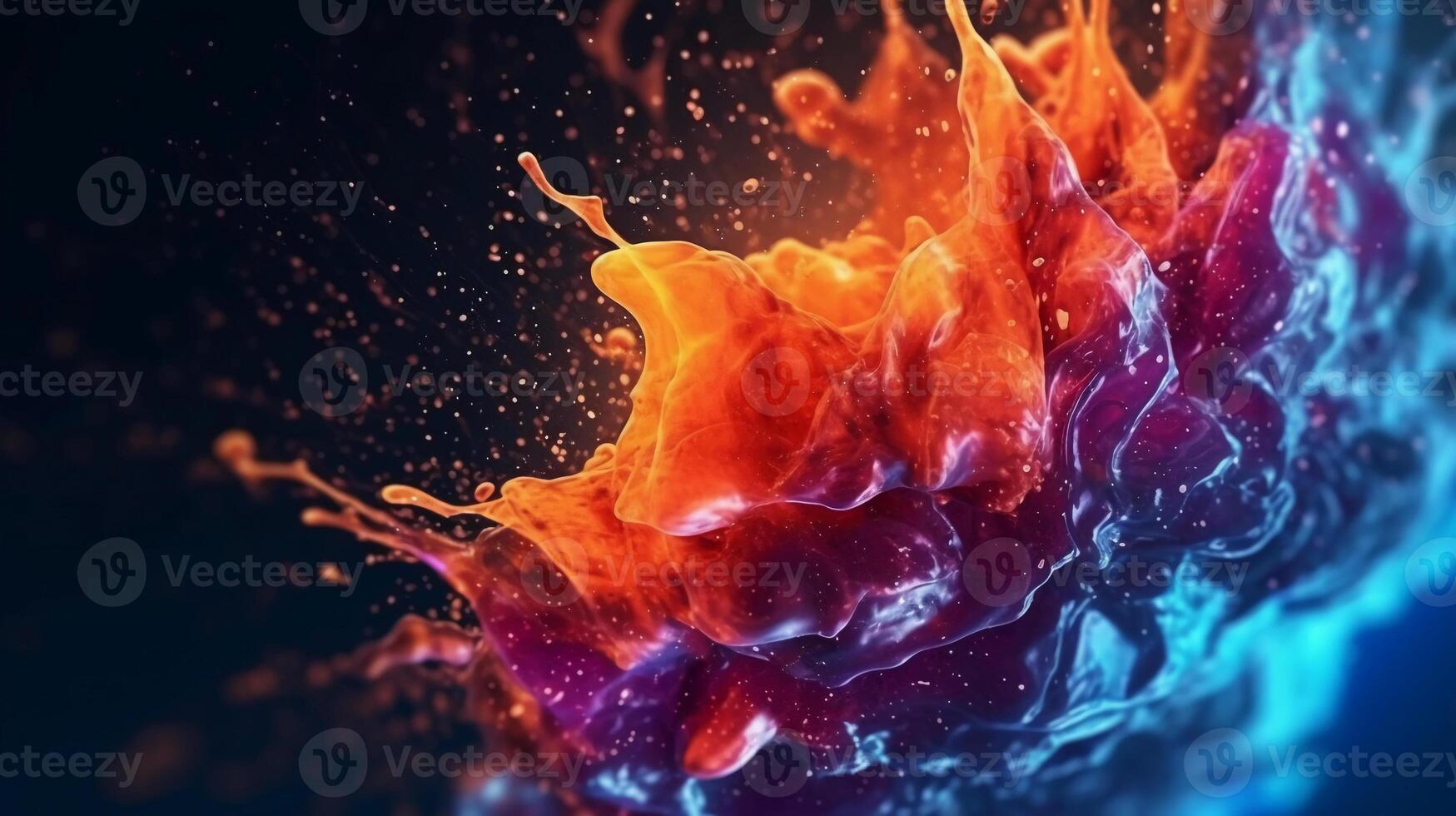 Paint drop. Ink water. Cold flame. Burning ice. Red orange blue color gradient glowing glitter fluid splash on dark black abstract art background. photo