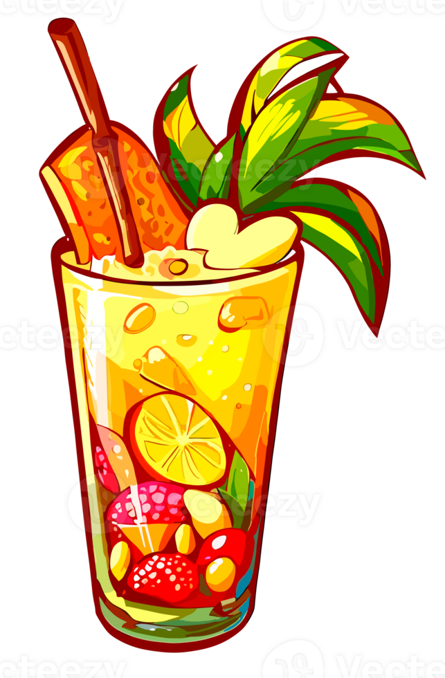 Tropical Cocktail drink with straw and fruits isolated. Clip art illustration style. png