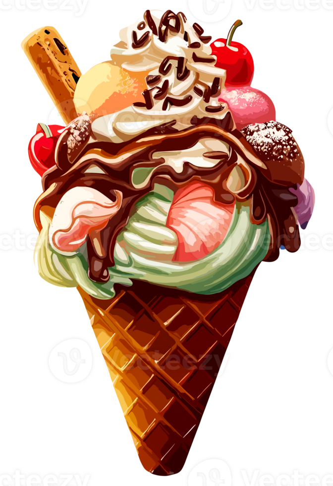 Ice cream with fruits and toppings on wafer cone isolated. Clip art illustration style. png